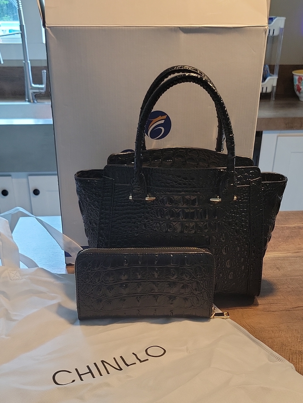Black Croc-Embossed Tote with Matching Wallet